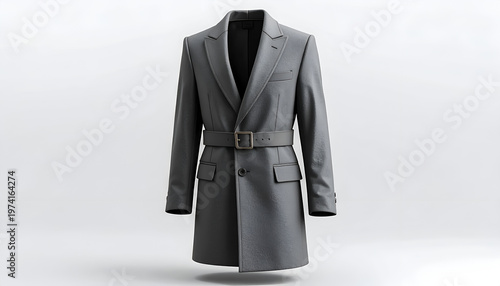 Formal grey overcoat, belted at waist, with tailored fit, isolated against white background