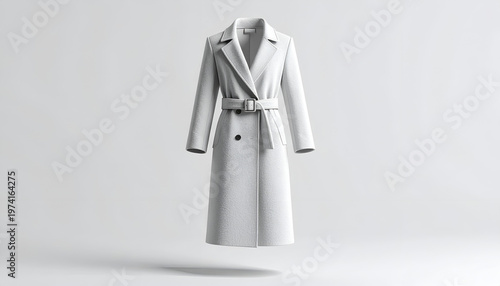 A long, white, tailored coat with a belt, collar, and buttons, floating on a white backdrop