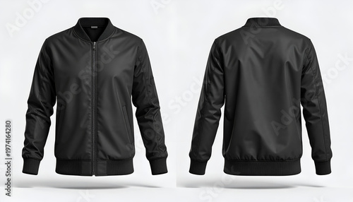 Front and back views of a sleek black bomber jacket, floating against a light background