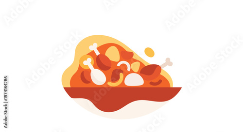A flat-design illustration of a portion of cooked food, arranged in a deep-dish container, with bone-in poultry pieces