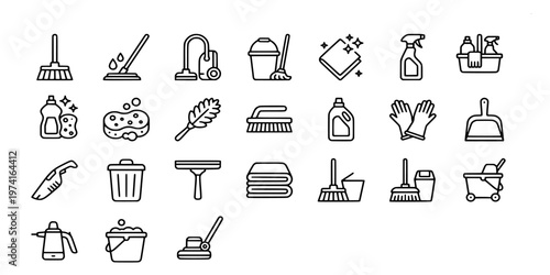 icon liner set collection of sanitary cleaning supplies and janitorial equipment including broom, vacuum, spray, bucket, and protective gloves for hygiene service.