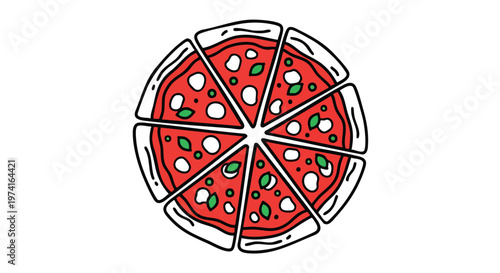 A cartoon pizza cut into eight slices, with tomato sauce, mozzarella, and basil. Black outlines on white background