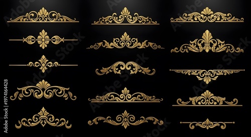 Golden Ornate Decorative Elements on Black Background