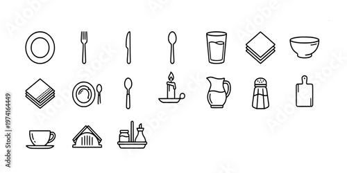 icon liner set collection of restaurant dining equipment and kitchen tableware featuring plates, cutlery, glasses, napkins, and table service accessories for catering.