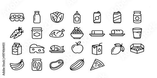 icon liner set collection of grocery store items and healthy organic food including vegetables, meat, dairy, fruits, and canned goods for kitchen.