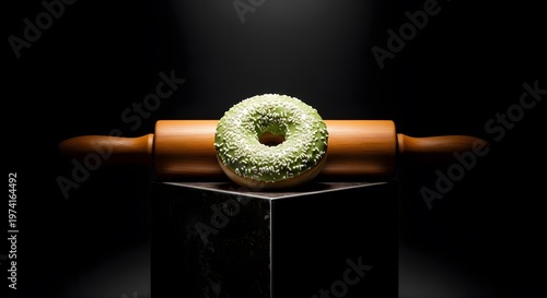Green Donut on Wooden Rolling Pin Isolated on Black Background