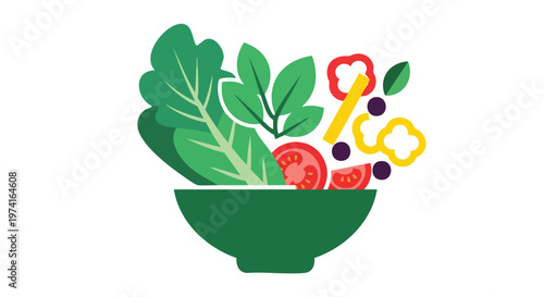 A vibrant, flat-style illustration featuring various salad ingredients overflowing from a green bowl, with white background