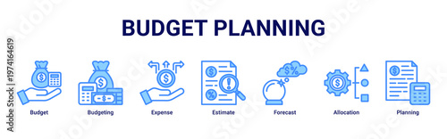 Budget Planning web banner icon vector illustration with icons of Budget,Budgeting,Expense,Estimate,Forecast,Allocation and Planning