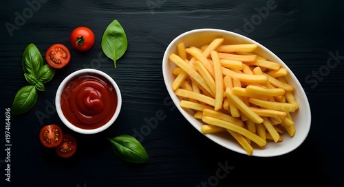 French Fries on White Plate with Ketchup and Tomatoes on Black Table