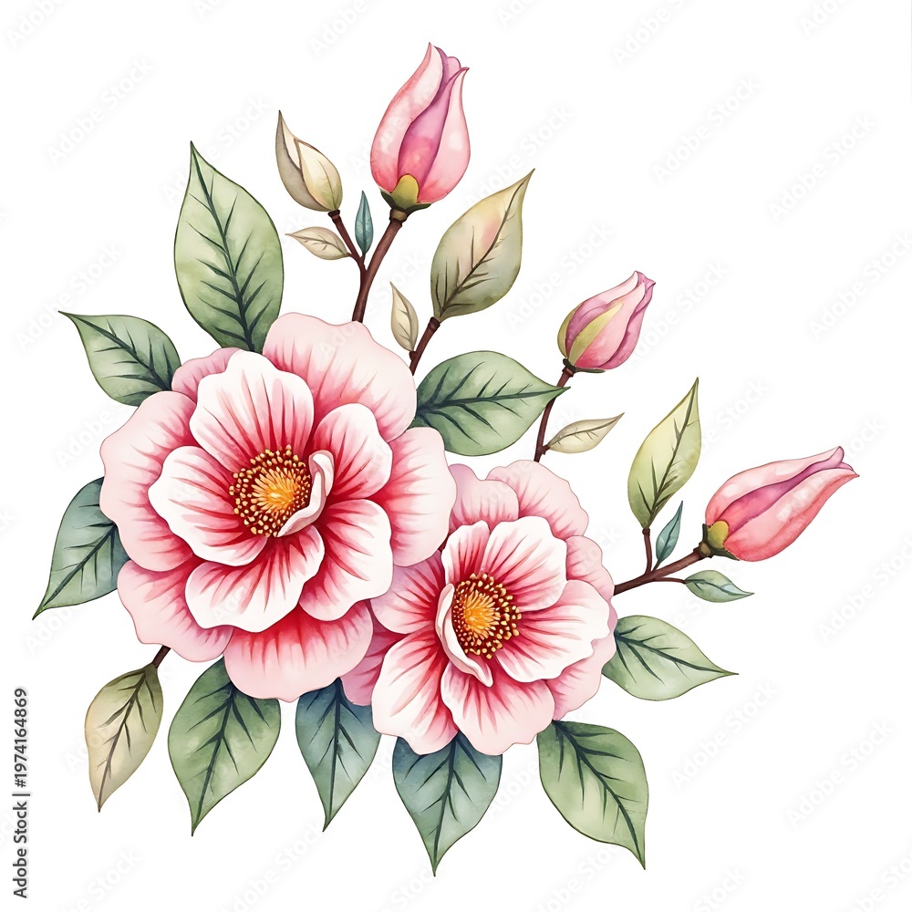 Obraz premium Pink Camellia Flowers Bouquet with Buds and Green Leaves