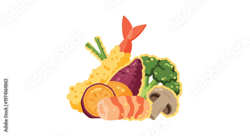 A vibrant, stylized illustration of various tempura-battered items, including a shrimp, vegetables like sweet potato and broccoli, arranged artistically