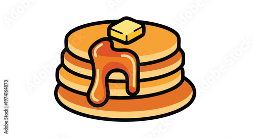 A stack of golden, round breakfast treats, drizzled with sweet amber liquid, topped with a square of yellow butter