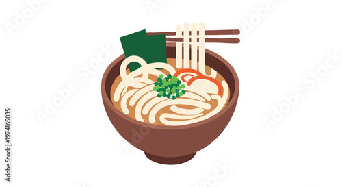 A cartoon-style illustration of a bowl of ramen noodles with chopsticks, seaweed, and various toppings. The artwork is flat and minimalist