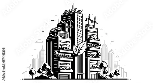 Black and white city skyscrapers illustration.