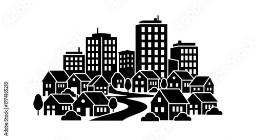 Black and white cityscape illustration houses.