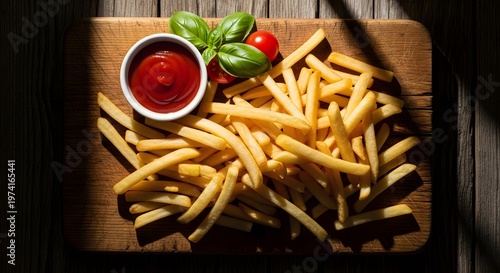 Golden French Fries on Wooden Board with Ketchup and Tomato