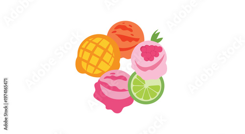 A colorful illustration features five scoops of ice cream with varied flavors mango, raspberry, lime, and two more, all arranged on a white background