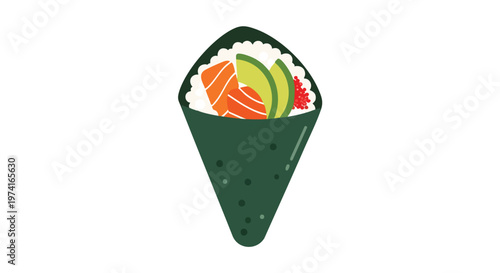 A cartoon depiction of a temaki hand roll sushi. The nori is wrapped around rice, fish, avocado, and roe. The sushi sits centered on a white background