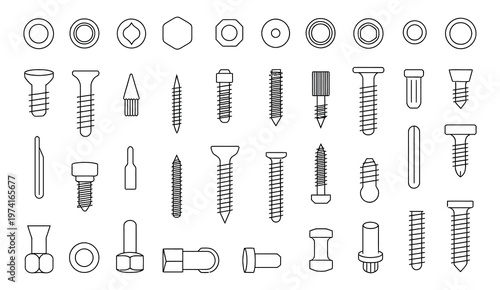 Screw line icon set with nuts, nails and bolts, construction and hardware symbols, fastening tools collection, industrial and mechanical elements