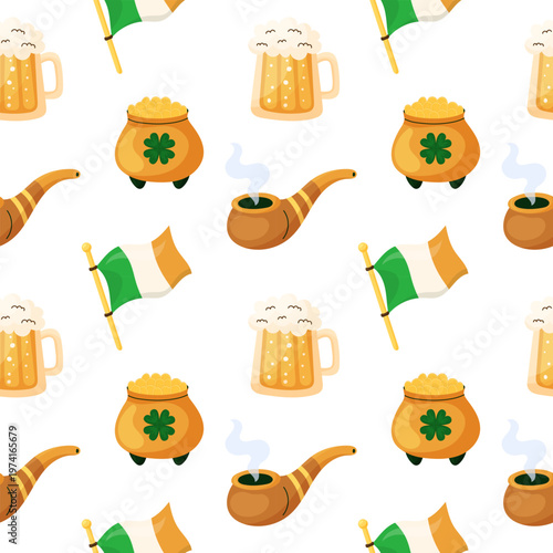 Seamless pattern with beer mug, Irish flag and smoking pipe. Saint Patricks Day elements. Holiday greeting card on white background. Hand drawn vector illustration.