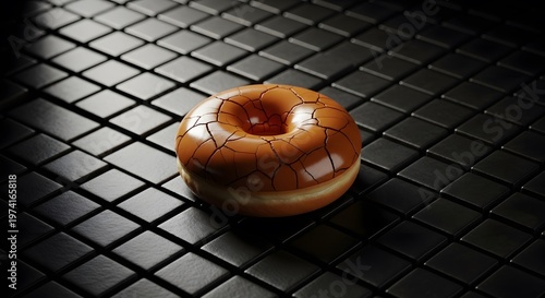 Glazed Donut on Black Tiled Surface