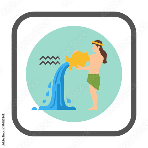 Retro zodiac symbol of Aquarius, the water bearer, pouring water from a jug in flat illustration style