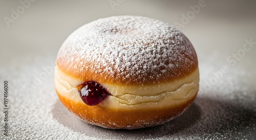 Powdered Donut with Jam Filling on Gray Surface