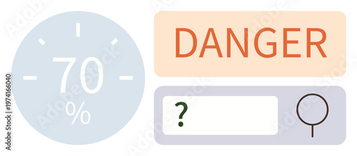 Risk evaluation, safety monitoring, decision-making, data analysis, hazard detection, online security. Percentage gauge, danger alert and question mark with a search icon. Risk evaluation and hazard