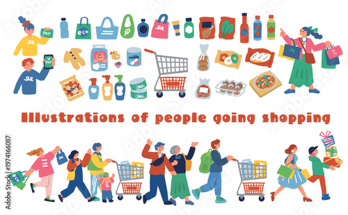 日常の買い物シーンと商品アイコンのセット