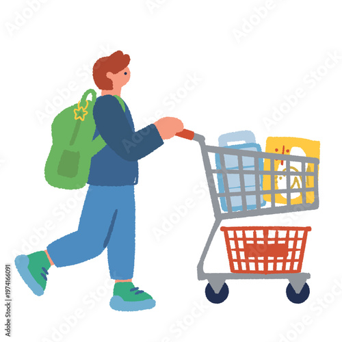 サステナブルな買い物_ショッピングカートを押して歩く男性のイラスト
