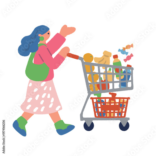 サステナブルな買い物_エコバッグとショッピングカートを持って歩く女性のイラスト