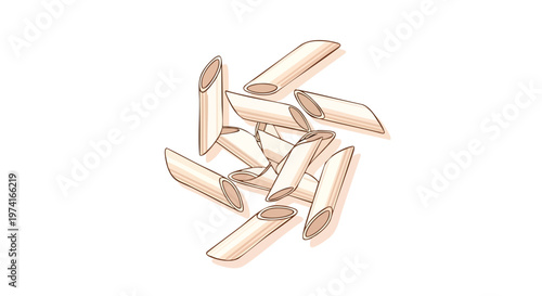 A cluster of beige pasta tubes, with shaded edges and interior highlights, sits against a white backdrop. The food is stylized