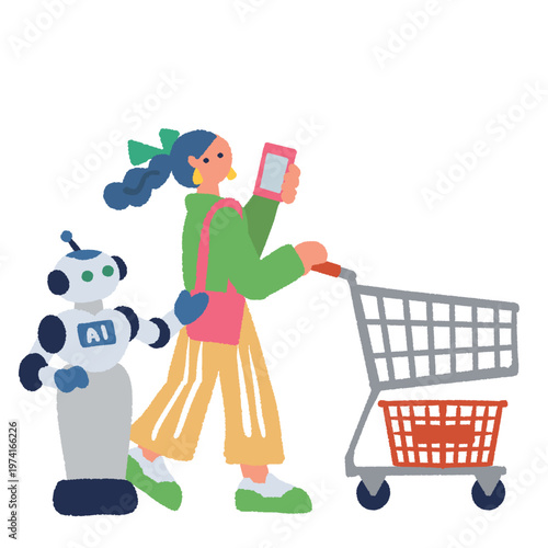 AIにアドバイスをもらいながらショッピングカートを押して買い物をする女性