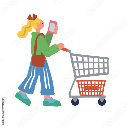 ショッピングカートを押しながら買い物をする女性