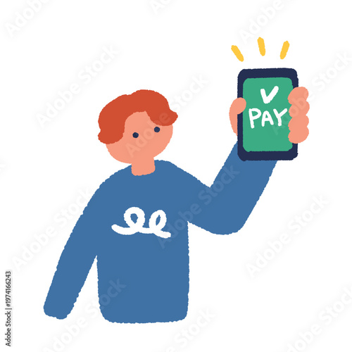 スマートフォンで支払い画面をかざす男性の上半身イラスト