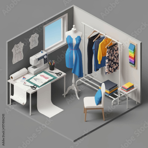 Isometric view of a fashion designer's workspace with sewing machine and clothes.