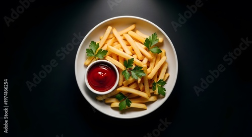 French Fries with Ketchup on White Plate Isolated on Black Background