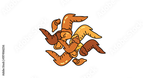 Cartoon-style illustration featuring an array of chicken wings. They vary in shade, with a dark outline. All laid on a white background