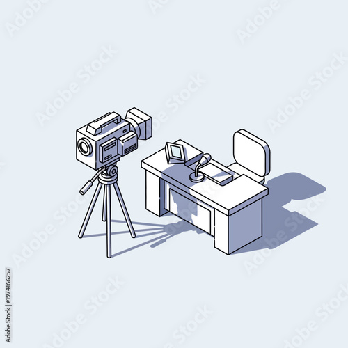 Isometric illustration of a video camera on a tripod next to a desk.