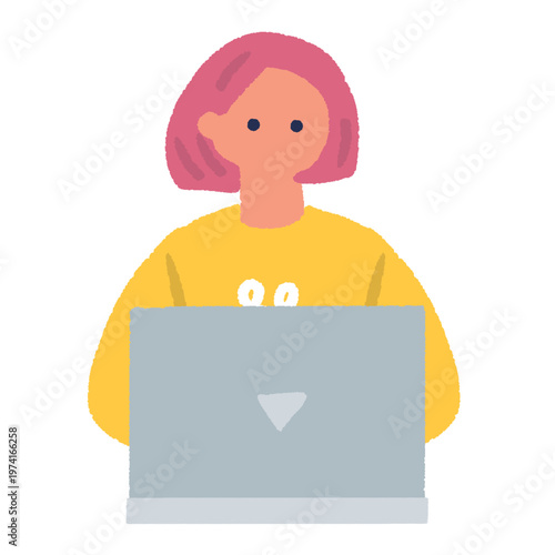 ノートパソコンを操作する女性の正面イラスト