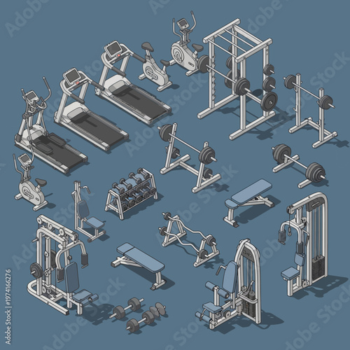 Collection of various gym equipment and machines.