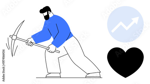 Hard work, financial growth, career effort, love, mining industry, motivation. Person swinging a pickaxe with growth arrow and heart symbols. Hard work and financial growth concepts