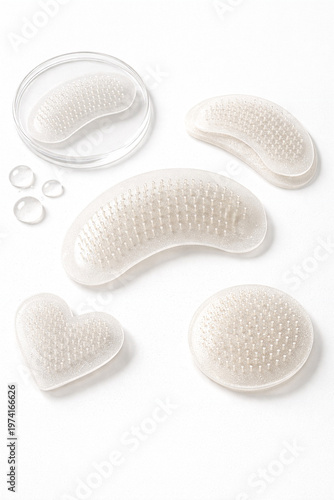 White silicone body scrubber and cleansing pads arranged on a clean background featuring textured personal care tools for exfoliation massage skincare hygiene and spa routines at home