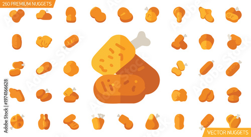 A collection of various stylized fried food pieces on a white background, in shades of yellow and orange, depicting many different shapes