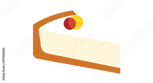 A flat-design illustration depicts a slice of dessert with an arched top, a cream-colored body, and warm brown borders. Two overlapping orbs