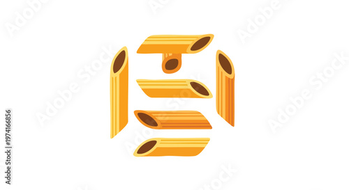 A flat illustration of penne pasta arranged around a central point, forming a stylized composition of several pasta pieces