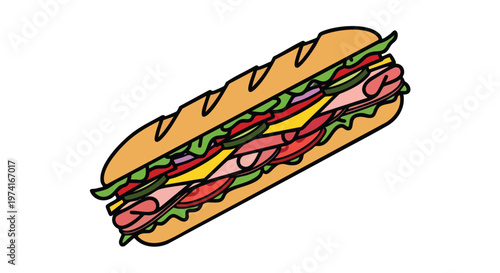 A vibrant illustration features a delicious sub sandwich, complete with various fillings such as lettuce, tomato, cheese, onion, and meat