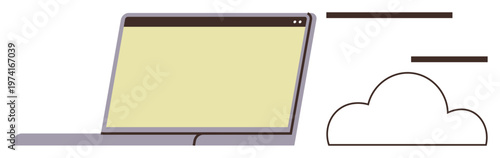 Cloud services, data storage, digital workflow, remote work, online technology, network solutions. Open laptop with a cloud symbol next to it. Cloud services and data storage concepts