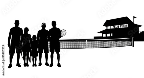 Family enjoying tennis at a club distinctive silhouette on transparent background