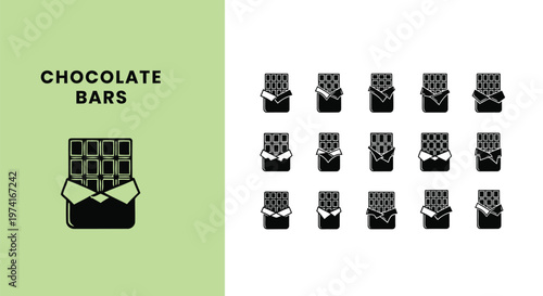 Flat vector graphic design set showing multiple styles of wrapped chocolate bars for food industry branding